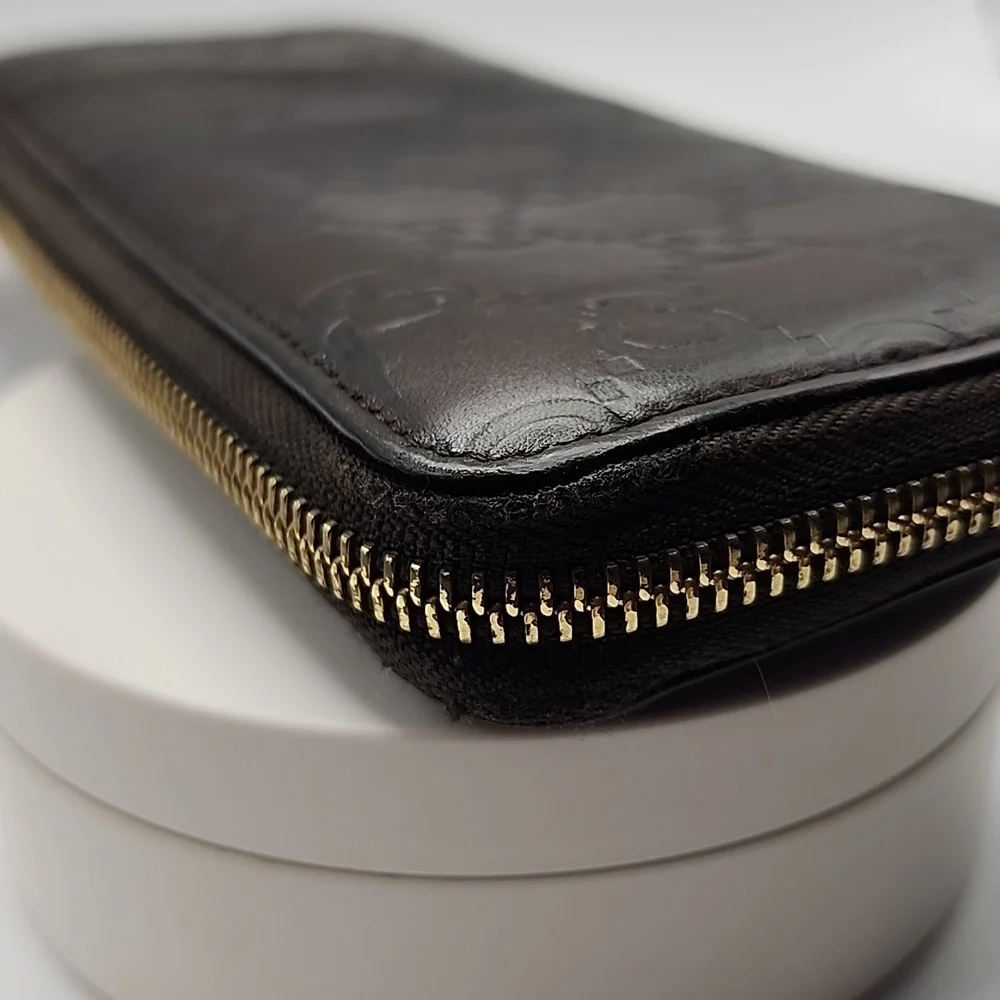 Gucci Dark Brown GG Embossed Leather Wallet Guccissima With‎ COA